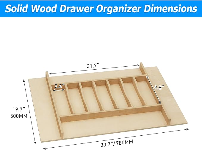 WelFurGeer Premium Wooden Silverware Organizer for Kitchen Drawers, Utensil Tray for Kitchen Drawer, Cutlery Drawer Organizer for Forks, Spoons, Knives - Sturdy Birchwood, Natural Finish