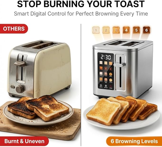 2026 Upgraded TAZTIR Touch Screen Toaster 2 Slice, Premium Stainless Steel Digital Bread Toaster with Timer, 1.5'' Wide Slot, 6 Shade Settings & 6 Bread Types, Bagel Defrost Reheat Cancel Functions