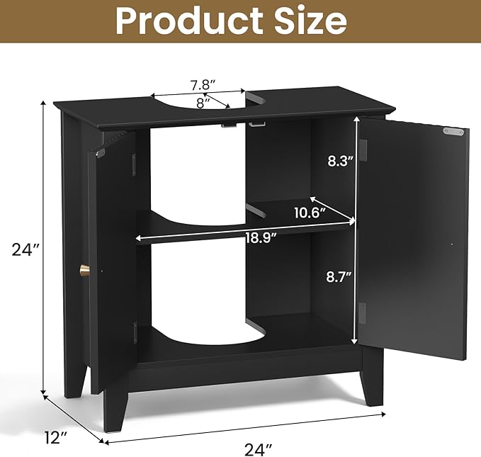 Under Sink Bathroom Cabinet with U-Shape Cutout for Pedestal Sink, Storage Cabinet with 2 Doors, Adjustable Shelf, Freestanding Floor Cabinet, Space-Saving Organizer for Bathroom (Black)