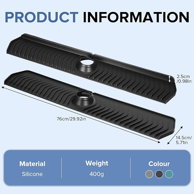 Kitchen Sink Faucet Mat,30in New Foldable Faucet Mat for Kitchen Sink, Adjustable Waterproof Splash Guard Draining Mat,Keep Countertops Dry (Black,29.9" x 5.7)