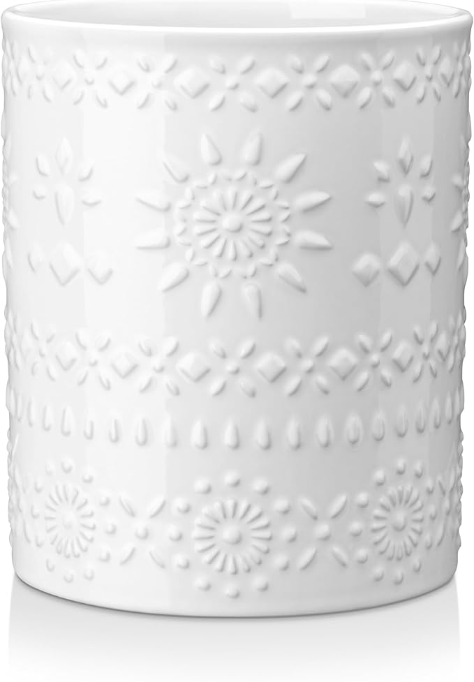 LOVECASA 7.2" Ceramic Utensil Holder, Farmhouse Countertop Crock, White | 7.2 Inch Size, Ceramic Build, Heavy Sturdy Base, Countertop Organization, Farmhouse Style, White Finish