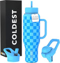Coldest Tumbler with Handle and Straw - 100% Leak Proof Insulated Tumbler with Lid and Straw (3 Lids) - Stainless Steel Tumblers for Women & Men - Cup Holder Friendly Base, 46 oz (Blue Checkers)