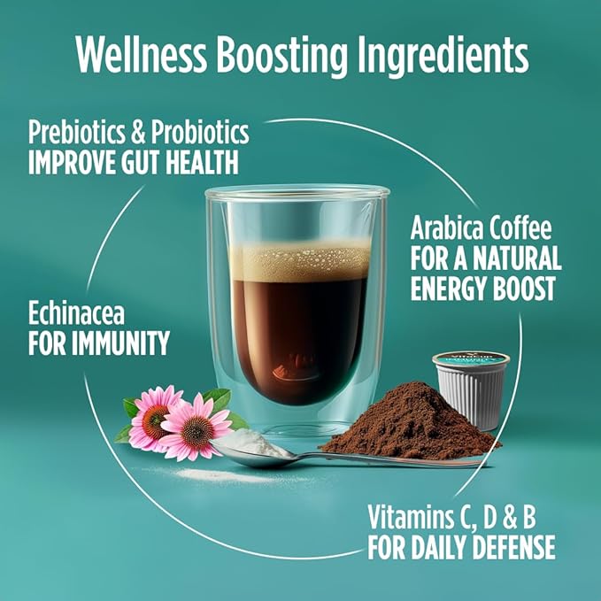 VitaCup Immunity Coffee Pods, Wellness Boost with Antioxidants, Echinacea, Probiotics, Vitamin C & D3, Medium Dark Roast, Single Serve Pod Compatible with Keurig K-Cup Brewers,64 Ct
