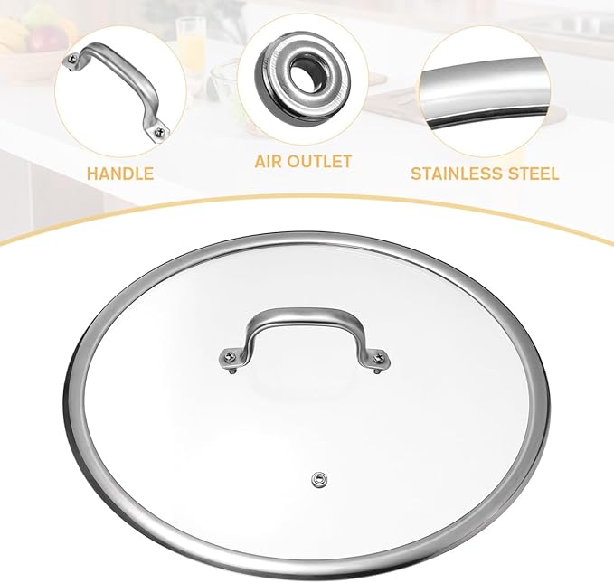 DOITOOL 13 Inch Tempered Glass Pot Lid with Heat-Resistant Handle Thickened Visual Cover for Frying Pan Kitchen Cookware Accessory with Steam Vent and Non-Slip Grip
