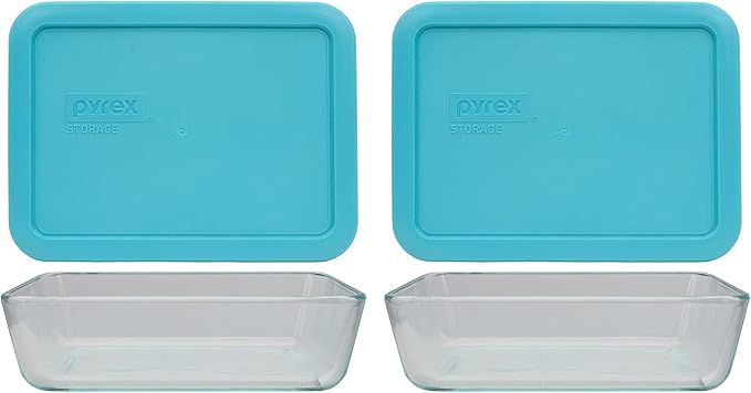 Pyrex (2 7210 Glass Containers & (2) 7210-PC Sun Bleached Turquoise Lids Made in the USA