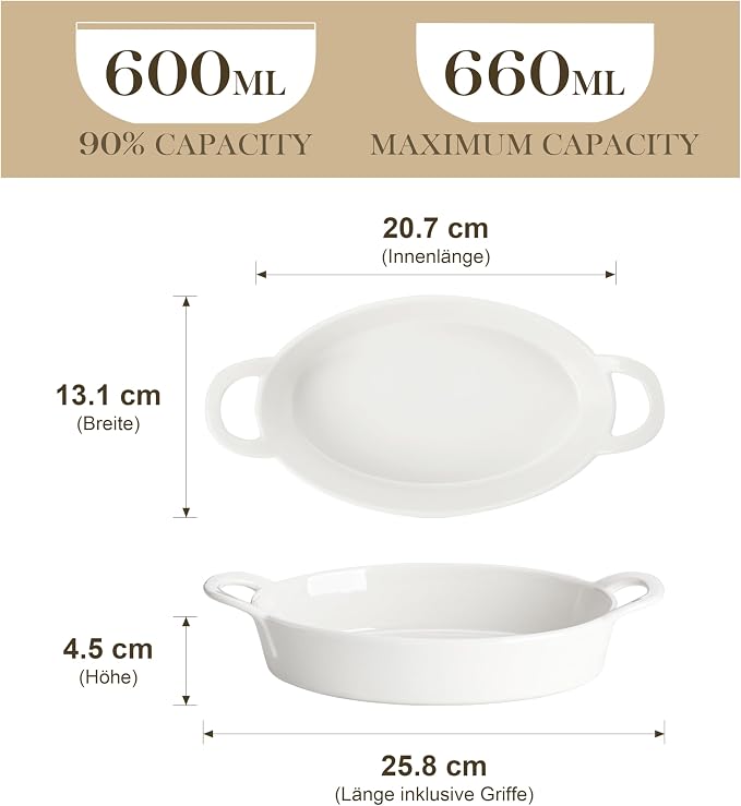 MALACASA Small Casserole Baking Dishes for Oven, Ceramic Oval Baking Dish Sets of 4, 8" x 5" Inch Au Gratin Baking Pans with Handles for Roasting, Lasagna, Pie, Baking Meat & Vegetables, White