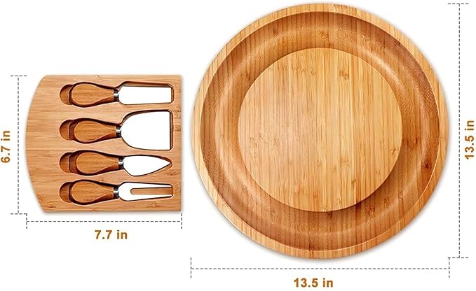 Bamboo Cheese Board Set with Cutlery, Foldable Charcuterie Board with Ceramic Bowls and Knife Set, Portable Serving Tray for Cheese, Steak, Pizza (Round with Knife and Fork)