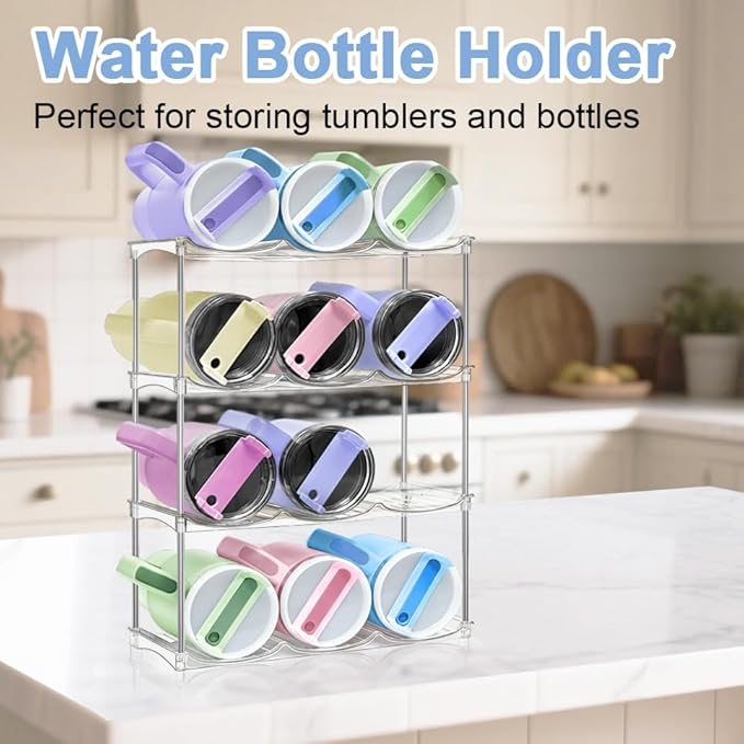 Stackable Water Bottle Organizer - Large Compartment Stanley Cup Holder, Water Bottle Holder for Stanley Tumbler 40oz, Tumbler Organizer Kitchen Pantry Organization and Storage, 4 Tier Storage Rack