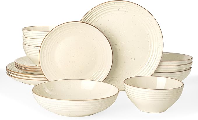 Famiware Jupiter 16-Piece Stoneware Dinnerware Ses - Includes Pasta Bowl & Dinner Plate, Handcrafted Dishes with Speckles & Embossed Swirls, Chip & Scratch Resistant, Service for 4, Vanilla White