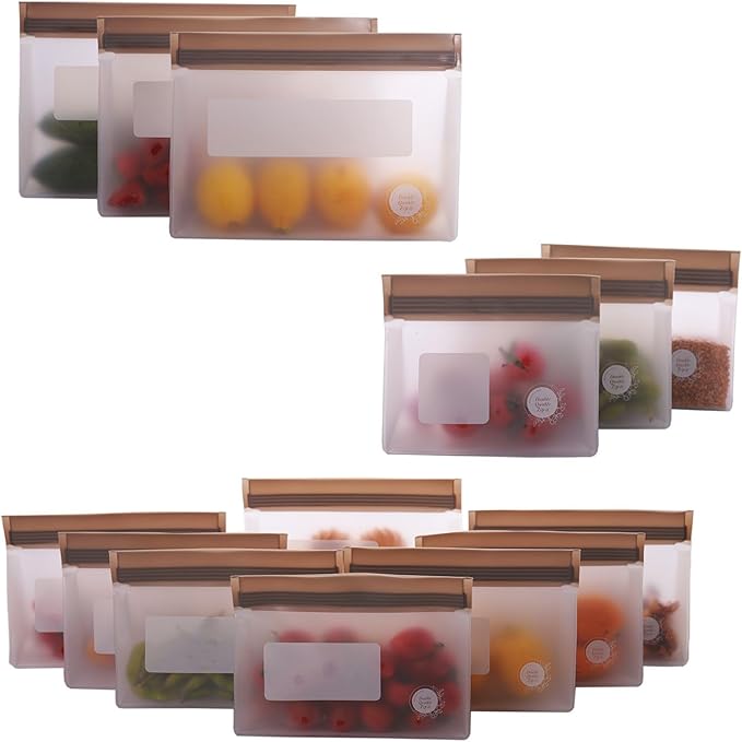 Reusable Food Storage Bags – 14-Pack Stand-Up, BPA-Free, Freezer, Dishwasher Safe & Eco-Friendly – 3 L, 8 M, 3 S Bags – Airtight Leakproof, Sandwich, Snack, and Meal Prep Baggies (Grey)