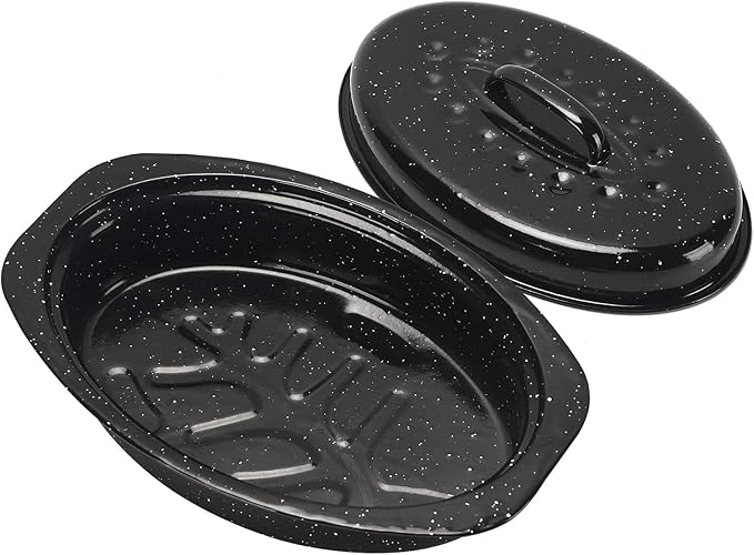 13 Inch Small Roasting Pan with Lid - Covered Oval Roaster - Enamel Carbon Steel Roaster Pot - Excellent Heat Distribution and Non-sticky - for Turkey Chicken Meat & Vegetables
