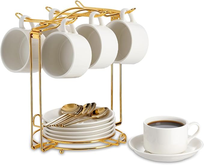 YOLIFE Espresso Cups with Saucers Set and Gold Metal Stand, 2.5oz Expresso Shots Cup with Stand & Saucers, Ceramic Coffee Espresso Cups Set of 6, White