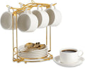 YOLIFE Espresso Cups with Saucers Set and Gold Metal Stand, 2.5oz Expresso Shots Cup with Stand & Saucers, Ceramic Coffee Espresso Cups Set of 6, White