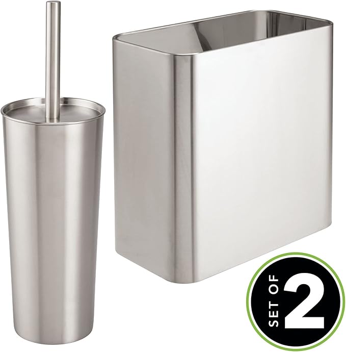 mDesign Modern Compact Freestanding MetalToilet Bowl Brush and Rectangle Open Wastebasket Garbage Can Combo Set for Bathroom Storage - Sturdy, Deep Cleaning - Set of 2 - Stainless Steel