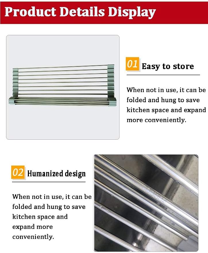 Roll Up Dish Drying Rack Over The Sink Foldable Dish Drainer Silicone Covered Stainless Steel Rod Ends Multipurpose Kitchen Utensils Easy to Store(Size:50x33cm)(Tobes - 12,50x33cm)