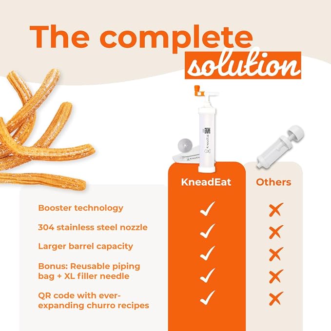 KneadEat Churro Maker Kit with Booster-powered Handle. Churrera and Piping Bag Churros Filler. Easy QR-Recipe to Prepare and Fill Your Own Churros at Home - KneadEat Cookie press - Churro press.