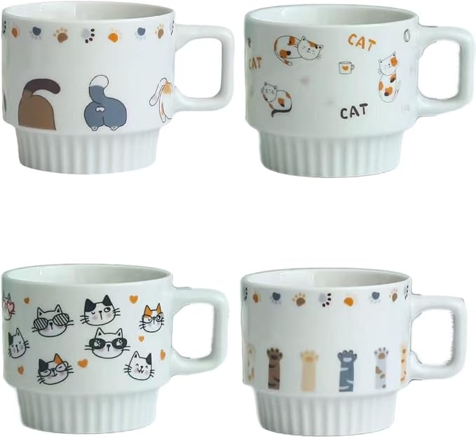 Ceramic Coffee Mugs 12 oz, Cups Set of 4, Mug for Coffee Milk Latte Cappuccino Tea, for Office Home shwasher Microwave Freezer Safe（Cat）