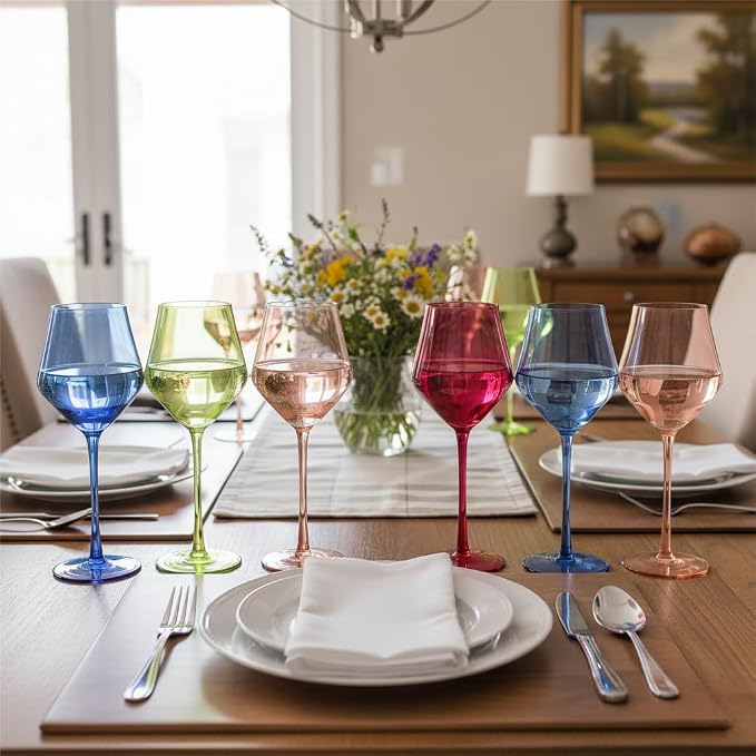 Colored Wine Glasses Set 6 – 16oz Hand-Blown Stemmed Colorful Wine Glass, Muted Color Golbet Set,Unique Wine Gifts for Women, Birthday,Housewarming