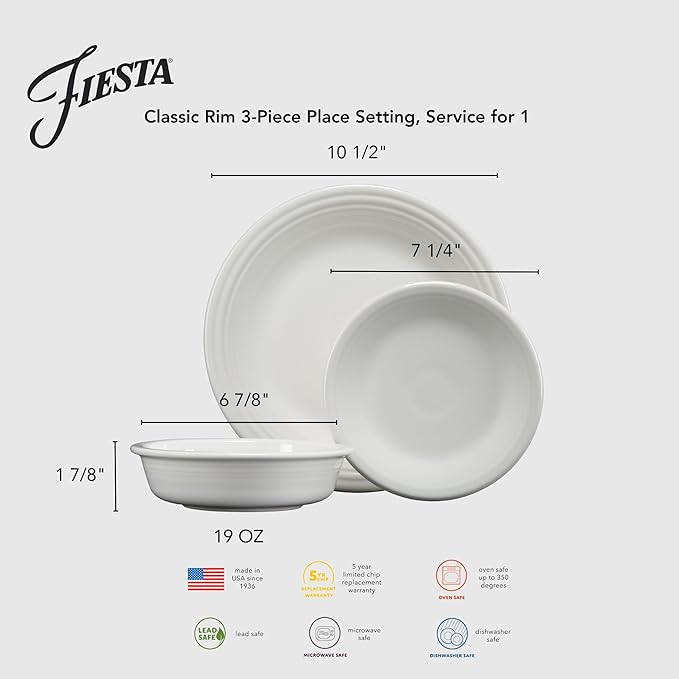 Fiesta® Classic Rim 3-Piece Dinnerware Set – Durable Ceramic, Lead-Safe, Dishwasher/Microwave/Oven Safe – Made in USA Dinnerware - Turquoise
