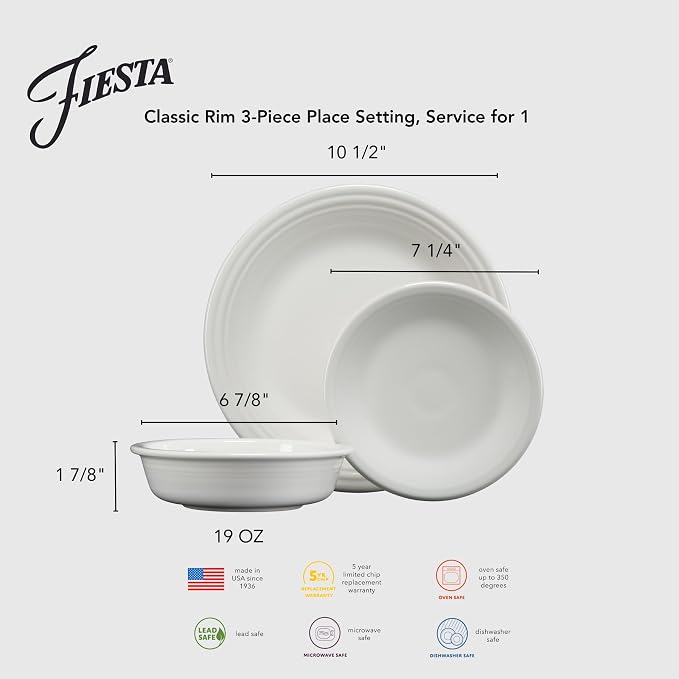Fiesta® Classic Rim 3-Piece Dinnerware Set – Durable Ceramic, Lead-Safe, Dishwasher/Microwave/Oven Safe – Made in USA Dinnerware - Meadow