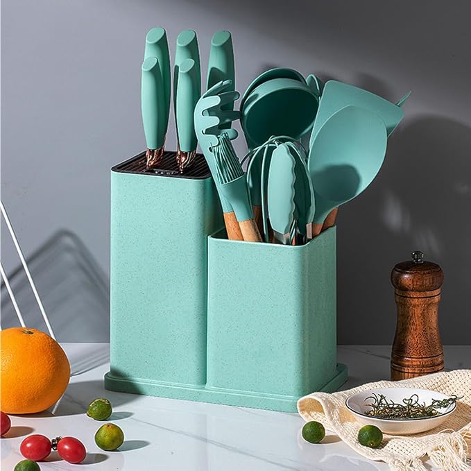 Kitchen Utensil and Knife Set with Storage, 19 in 1 Set with 11 Piece Silicone Cooking Utensils, 5 Pcs Sharp Stainless Steel Chef Knives Scissors Whisk Tongs and Cutting Board Teal