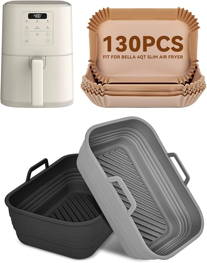 Air Fryer Liners Set for Bella 4Qt Slim Air Fryer(3.3lb Capacity), 130PCs Airfryer Parchment Paper and 2PCs Collapsible Air Fryer Silicone Liners, Non-stick Air Frier Accessories