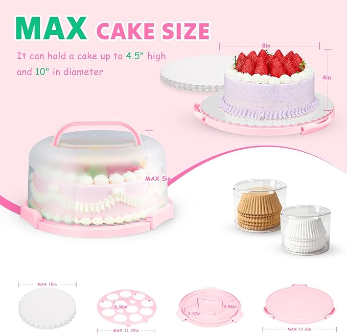 Cake Carrier, Cake Stand with Lid, Bpa-Free Cake Holder with Lid for 10 Inch Round Cake Carrier with 10 pcs Round Golden Cake Boards and Portable Insulated Bag & Two Boxes of Cupcake Paper Liners