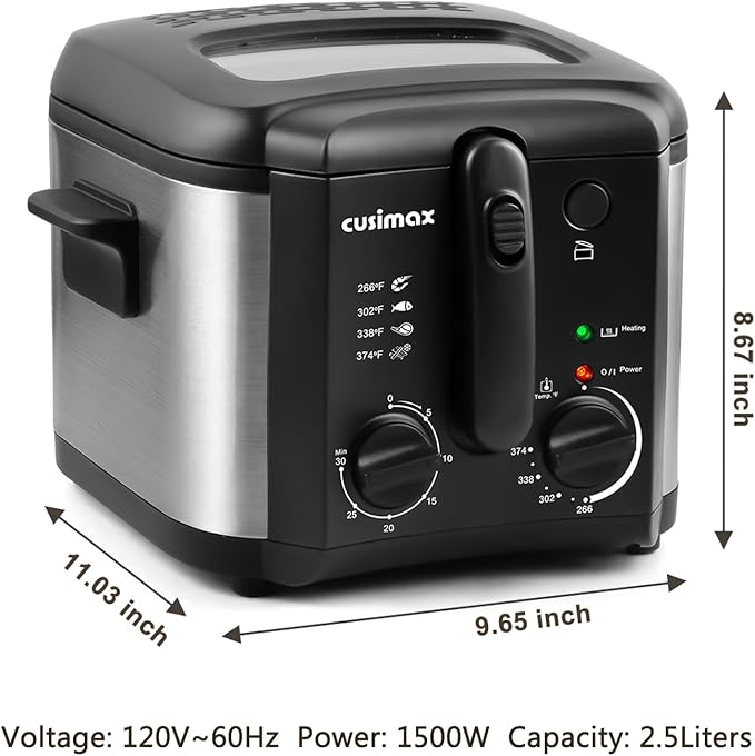 CUSIMAX Electric Deep Fryer for Home Use, 2.5 Liter 1500W Small Deep Fryer with Basket, Adjustable Temperature & Time, Lid with View Window and Odor Free Filter