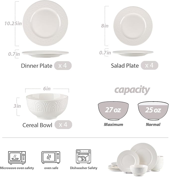 12-Piece Ceramic Dinnerware Set for 4, Athens Palace Relief Dishes and Plates Sets, Includes Plates and Bowls, Elegant High-Temperature Reinforced Porcelain, White