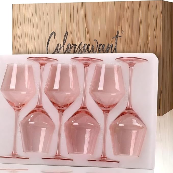 Elegant Pink Wine Glasses Set of 6 – Hand Blown Tulip Shape Long Stem Glassware – 15oz Pink Wine Glasses for Women, Wedding, Party, Bridesmaid Gift, Fancy Champagne or Rosé Goblets