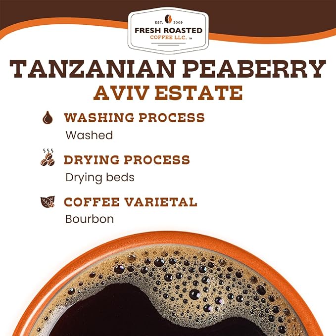 Fresh Roasted Coffee, Tanzanian Peaberry Whole Bean Coffee, Light Roast, Kosher, 5 lb (80 oz)