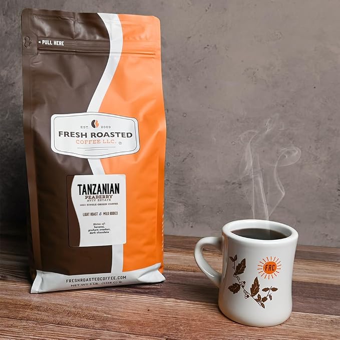 Fresh Roasted Coffee, Tanzanian Peaberry Whole Bean Coffee, Light Roast, Kosher, 5 lb (80 oz)