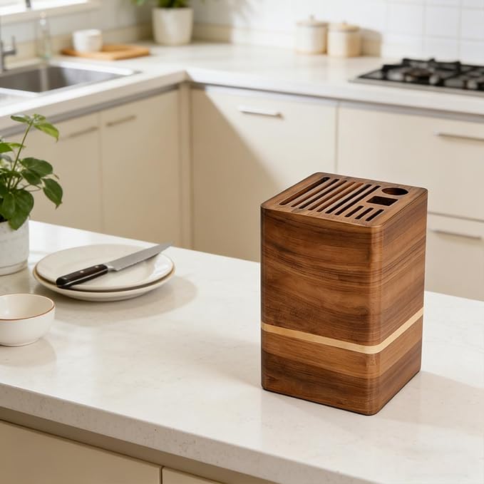 Acacia Wood Universal Knife Block, Countertop Knife Holder Organizer with Scissors & Sharpening Rod Slots, Space Saving Storage without Knives