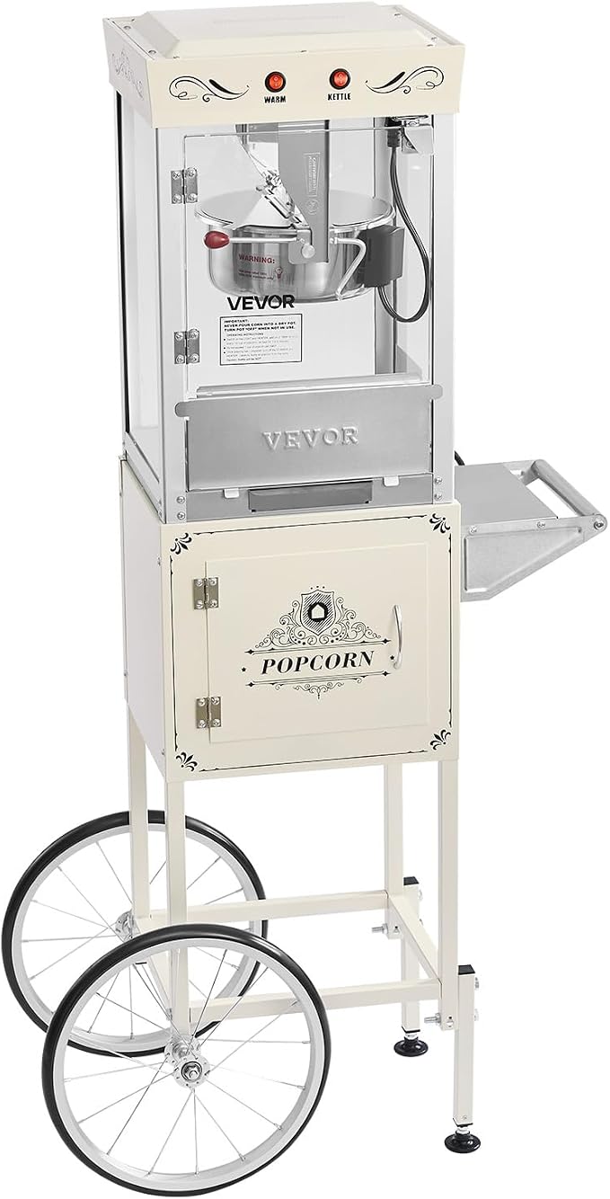 VEVOR Popcorn Machine with Cart, 8oz Stainless Steel Kettle, 800W Commercial Popcorn Maker, 48 Cups per Batch Theater Style Popper, with 2-Button Control Glass Wall PC Door 1 Scoop 3 Spoons, White