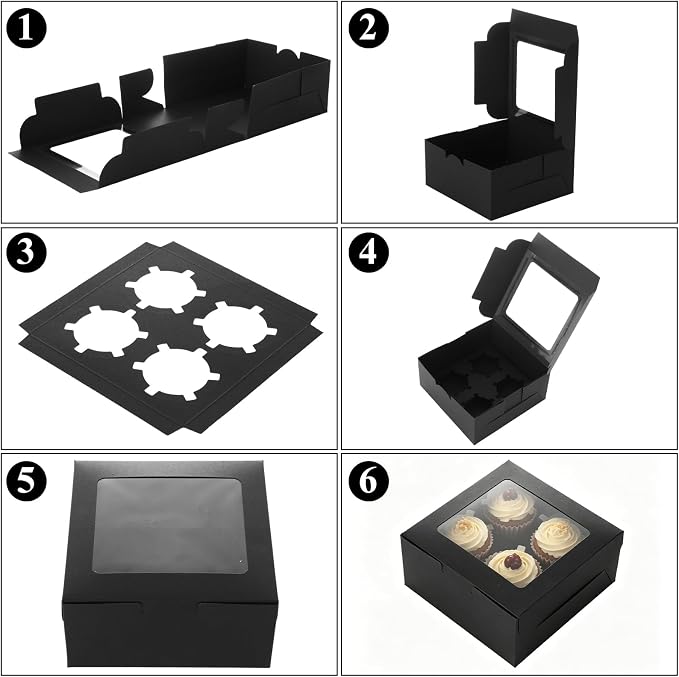 100 Pcs Cupcake Boxes, Cupcake Box Set, Black Pastry Boxes with Window and 4-Cup Inserts, 6x6x3 in Bakery Cartons for Cookies, Cakes, Muffins, Dessert Transport