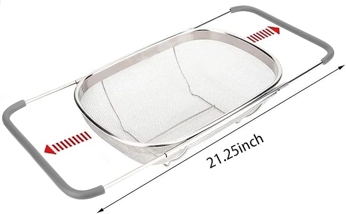 AJIODA Over The Sink Colander, 6 Quarts Stainless Steel Oval Colander with Expandable Rubber Grip Handle, Fine Mesh Strainer Baskets Kitchen Colanders for Strain, Drain, Rinse Vegetables, Fruits, Grey