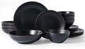 Famiware Venus Stoneware Dinnerware Sets with Pasta Bowls for 4, 16-Piece Plates and Bowls with Trim, Matte Black - Chip‑Resistant Ceramic Dish Set for Everyday & Formal Use, Microwave/Dishwasher Safe