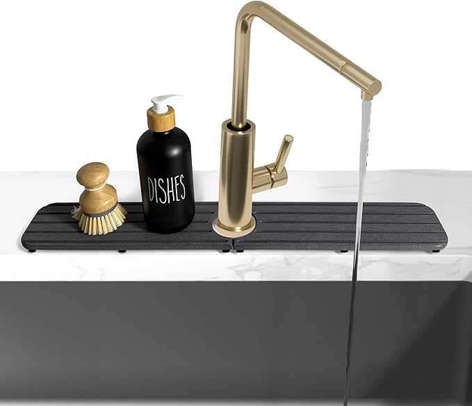 NiuYichee 23.6inch x 4inch Kitchen Sink Faucet Mat, Water Absorbing Stone Faucet Splash Guard for Bathroom Counter, Quick Drying Diatomite Tray for Kitchen Sink, Dark Gray