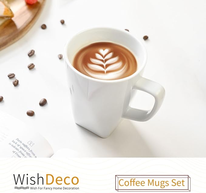 WishDeco White Coffee Mugs Set of 6, Ceramic Coffee Cups 14 oz, Modern Tea Mugs, Porcelain Tea Cups, Large Mug for Latte, Cappuccino, Milk, Juice, Cocoa, Square Bottom, Microwave and Dishwasher Safe