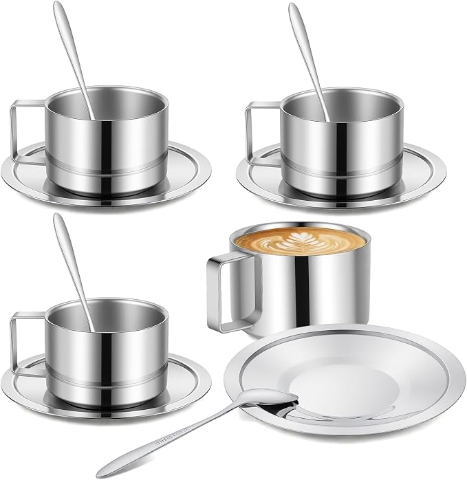 4 Pack Stainless Steel Coffee Mug Set, 6.8 Oz Espresso Cup with Saucer and Spoon, Double Walled Insulated Stainless Steel Coffee Cup for Latte, Cappuccino, Milk, Tea, Silver