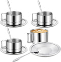 4 Pack Stainless Steel Coffee Mug Set, 6.8 Oz Espresso Cup with Saucer and Spoon, Double Walled Insulated Stainless Steel Coffee Cup for Latte, Cappuccino, Milk, Tea, Silver