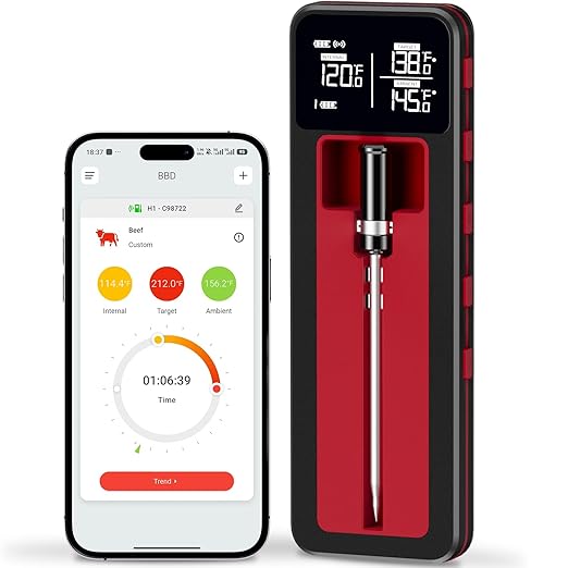 Smart Wireless Meat Thermometer 230FT Remote Food Thermometer Meat with Bluetooth Standalone Base Thermometer Digital Wireless for Remote Monitoring of BBQ, Oven, Kitchen,Grill,Matte Black