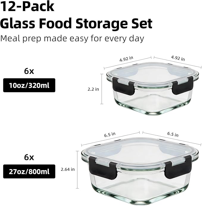 Konokyo Square Glass Food Storage Containers with Lids, 12 Pack Airtight Leakproof Meal Prep Containers, BPA-Free, Microwave Oven Freezer & Dishwasher Safe, Assorted Sizes