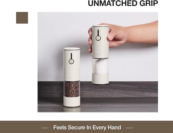 Electric Salt and Pepper Grinder Set Stainless Steel 2 Pack USB Rechargeable LED One Hand Off White