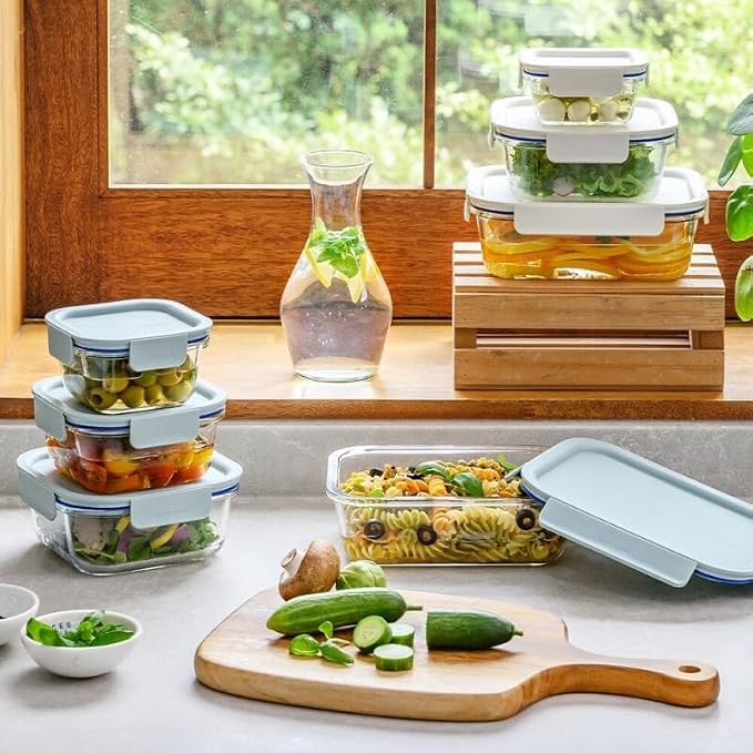 LocknLock LNG445S12M The Clear Heat-Resistant Borosilicate Glass Food Storage Set, 24-Piece (12 Containers + 12 Lids) - Mint