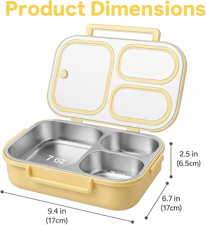 304 Stainless Steel Lunch Box for Work & Travel, 3-Compartment Leakproof Food Container, Healthy Eating & Portion Control, Safe for Home Use, Portion Control for Healthy Eating (Yellow 3 grids)