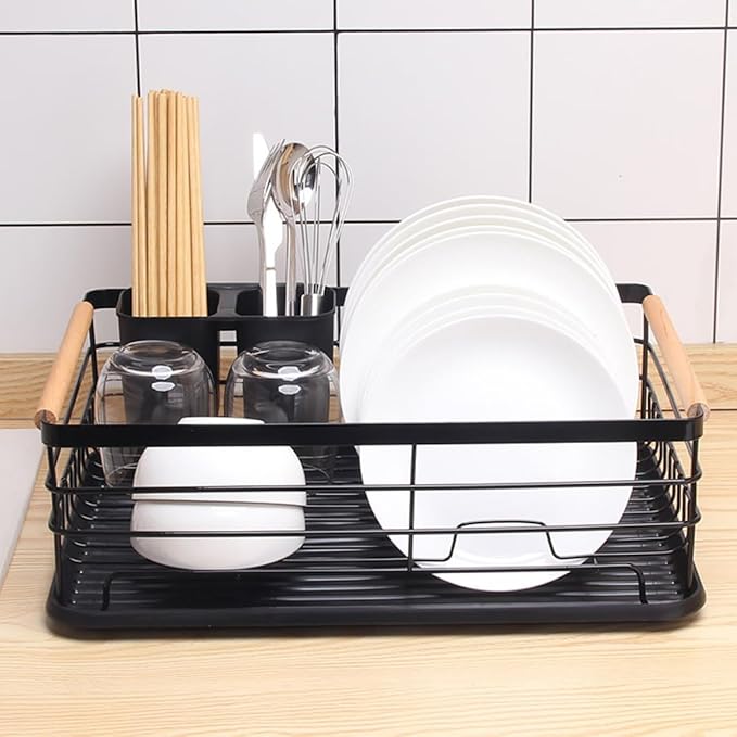 BESPORTBLE Kitchen Plate Rack Dish Drying Rack Over Sink Black Iron Dish Drainer with Cutlery Holder Compact Storage for Home Kitchen Countertop
