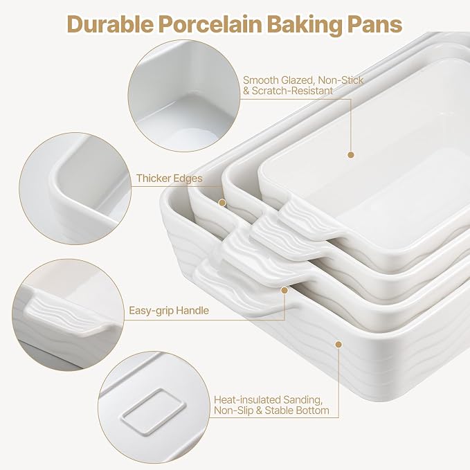 Estmoon Casserole Dishes for Oven, Ceramic Baking Dishes Set of 4, Porcelain Baking Pan with Handles, Rectangular Lasagna Pan for Baking, Wedding Gifts, Casserole, Kitchen, White(7.5''/9"/10.6"/12")