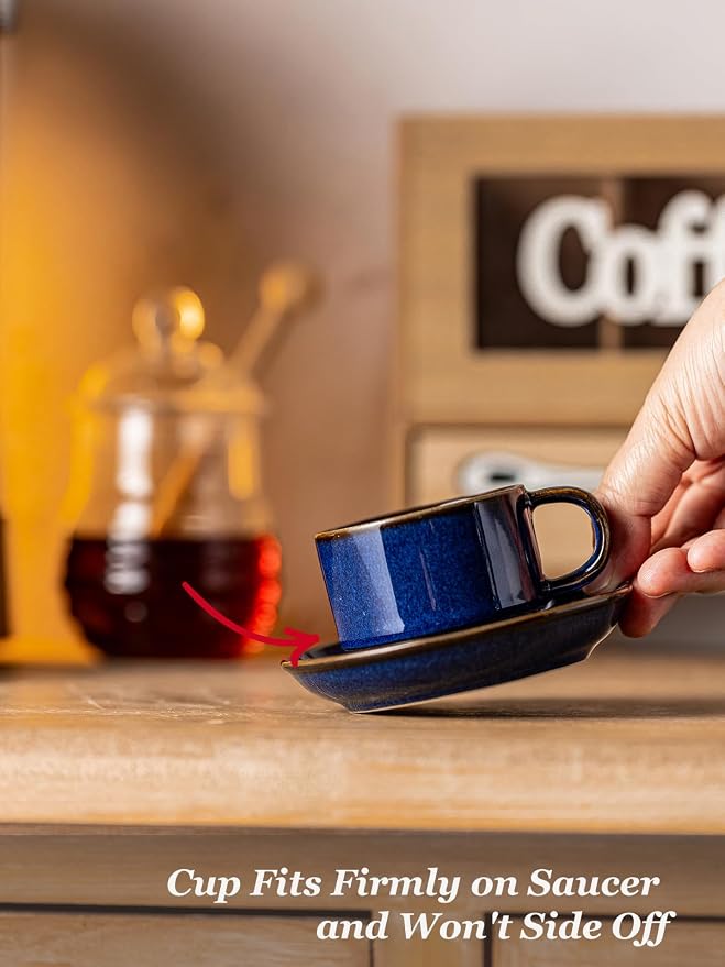 Gomakren 2.5 Ounce Espresso Cups Set of 4, Small Stackable Coffee Cups with Saucers and Metal Stand Father's Day Porcelain Demitasse Cups for Specialty Coffee Drinks, Espresso, Cappuccino, Cobalt Blue