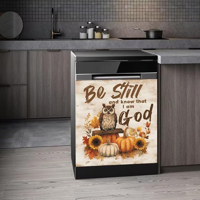 Pumpkin Magnetic Dishwasher Cover,Owl Dishwasher Front Door Magnetic Cover,Sunflower Refrigerator Panel Decal,'Be Still and Know That I Am God' Text Magnet Sticker,Reusable,23"x17"